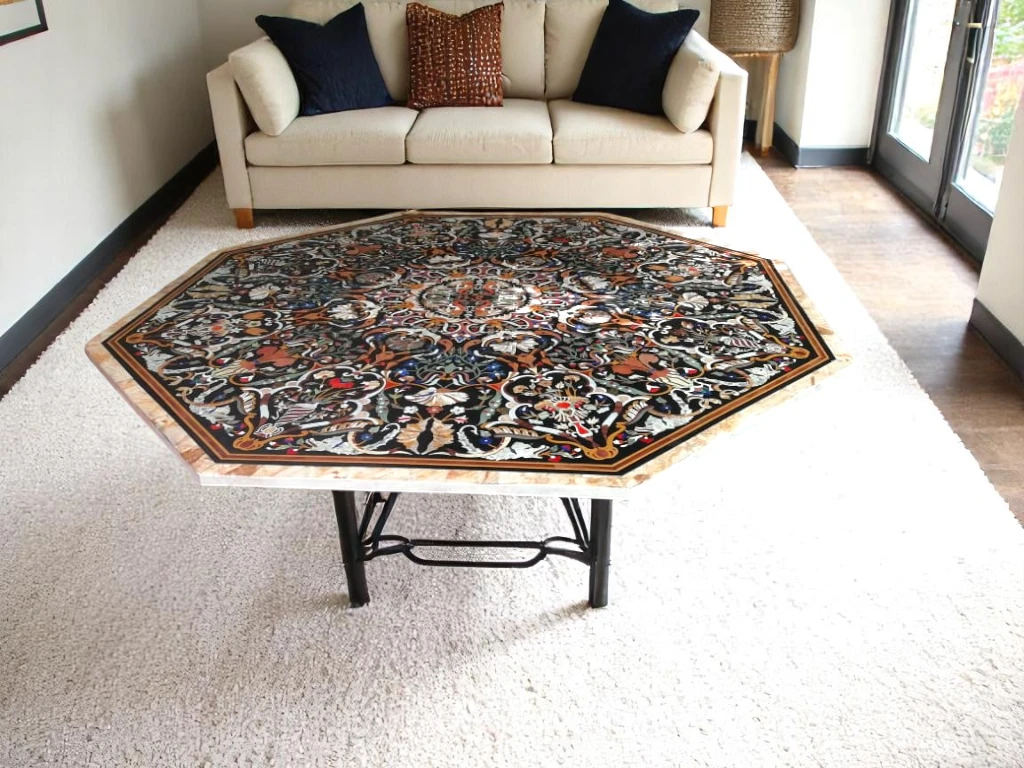Vintage Marble Console Table Semi-Precious Inlay Stone